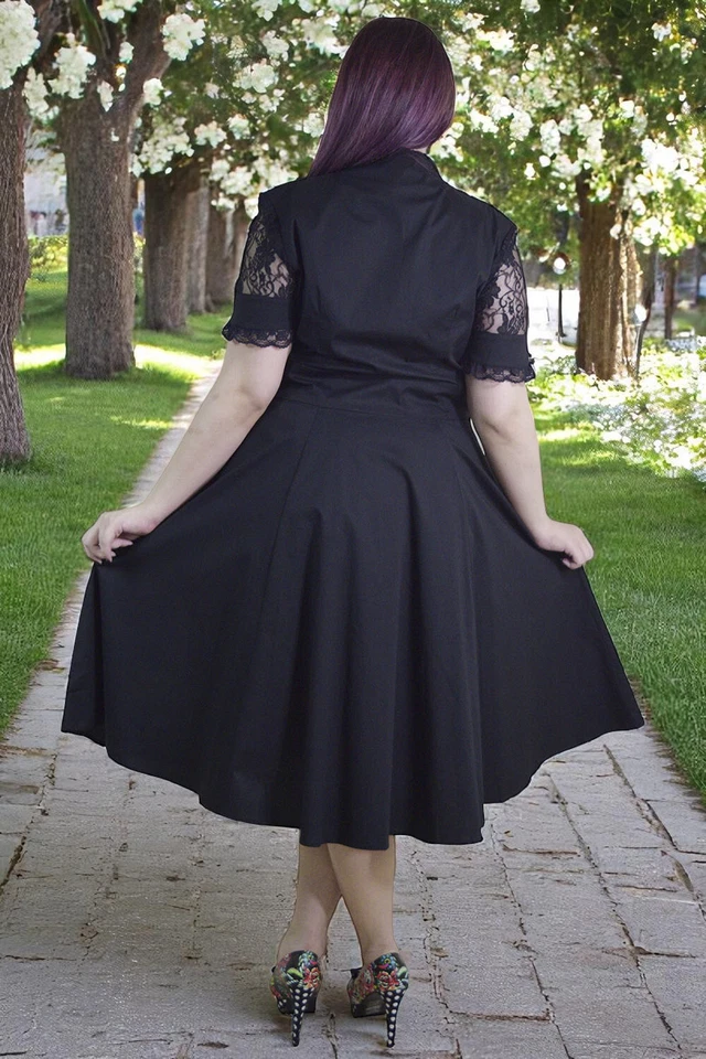 Vestido de fiesta para mujer talla grande vintage años 50 negro a lunares calce y acampanado swing Foto 2 de 4