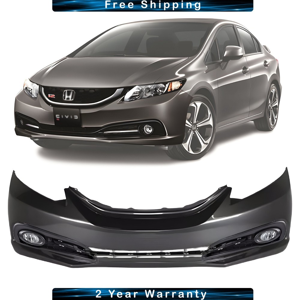 Front Bumper Cover Primed & Fog Lights Assembly Kit For 2013-2015 Honda Civic