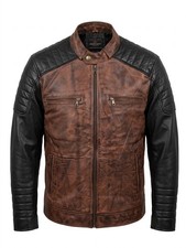 Men’s Biker Leather Jacket – Brown & Black Distressed Real Leather Moto Jacket L