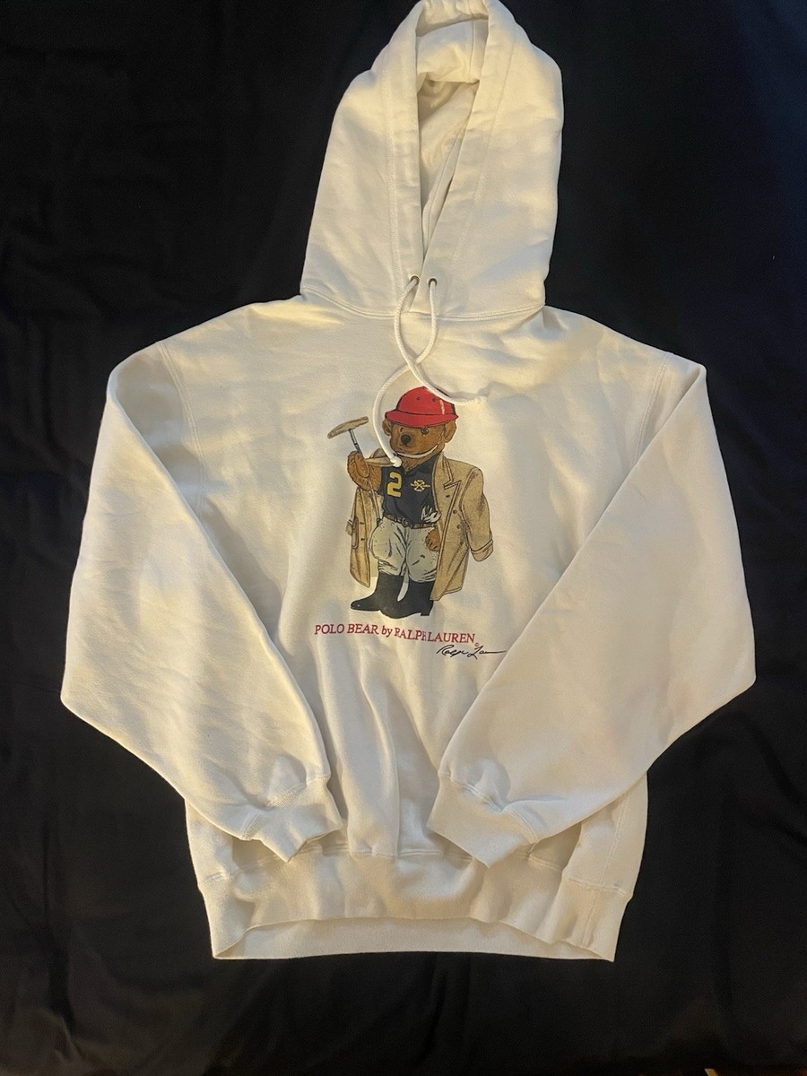 Vintage Ralph Lauren Polo Bear 90s Hoodie White Men’s L Rugby #2 USA Ski  RARE!