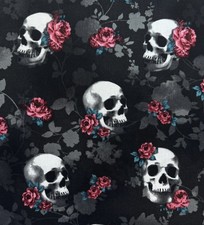 Fabric Skulls w Roses Foliage on Black - Halloween Dia de Muertos 1 Yard Cotton