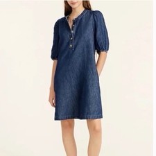 J. Crew Women's Puff-Sleeve Denim Popover Dress Blue Size Small Buttons