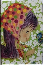 Swap cards Modern playing card back 70s look Girl and little bird