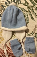 Vintage Knit Baby infant Boy Blue Cap with White Trim  Ties, Matching Mittens