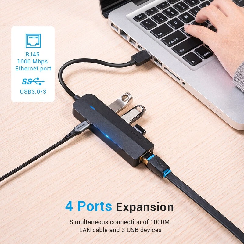 USB 3.0 Hub Ethernet Adapter RJ45 Gigabit Splitter USB 3.0 Hub 3 Port Micro USB - Image 2 of 4