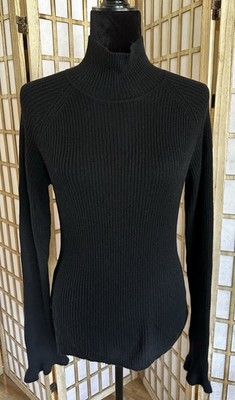 Worthington 100% Cashmere Ribbed Mock Turtleneck Sweater L Black Fluted Cuff
