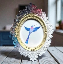 Hummingbird watercolor mini art print in colorful vintage style ornate frame