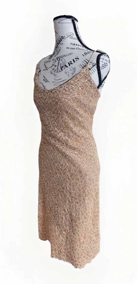 Vintage 90's Y2k Betsey Johnson New York Gold Metallic Lace Bodycon Slip Dress - Image 4 of 4