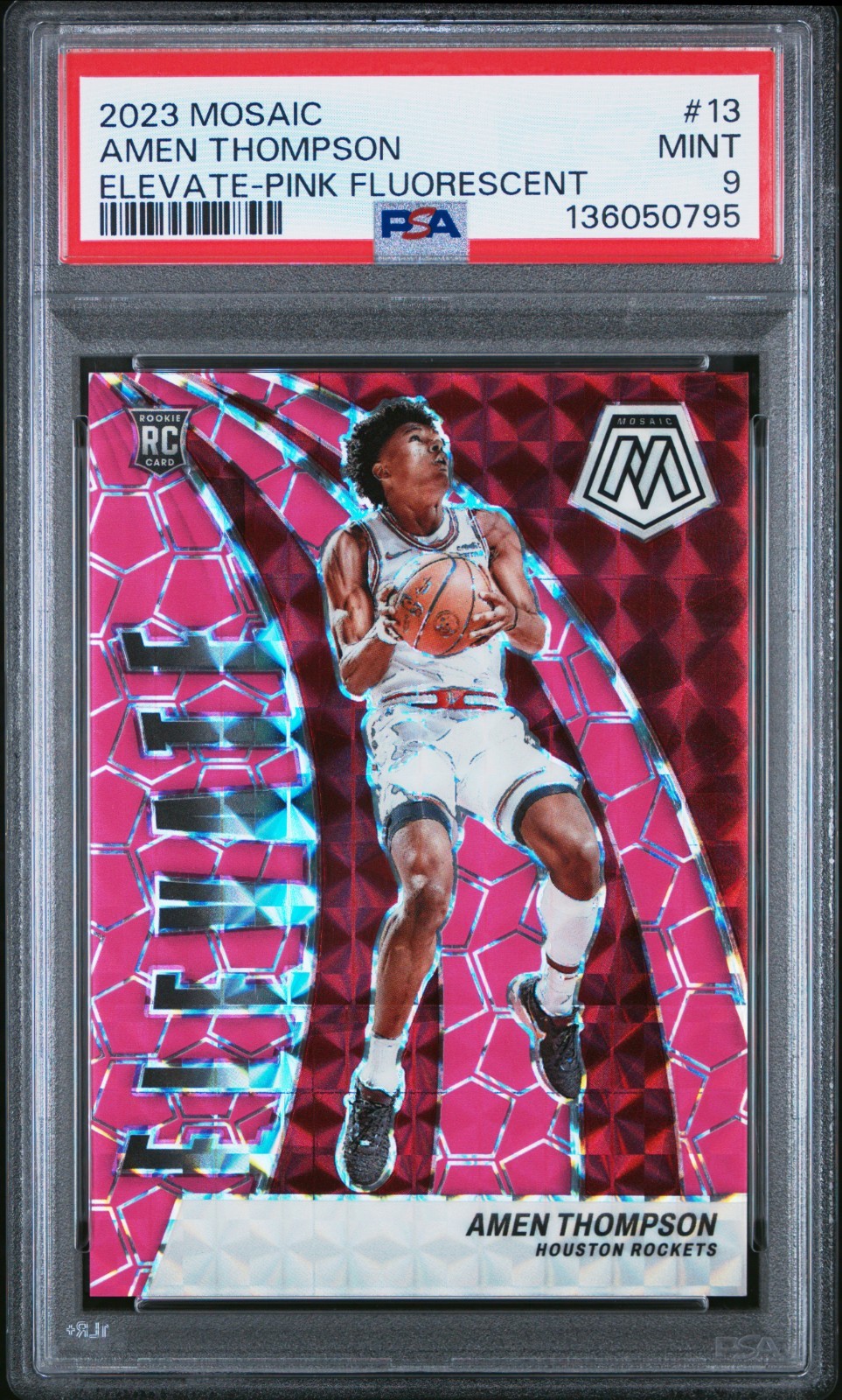 2023 PANINI MOSAIC ELEVATE 13 AMEN THOMPSON PINK FLUORESCENT Rockets /10 PSA 9