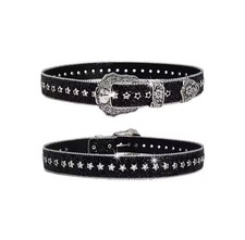 Y2K Gothic Black Glitter Rhinestone Western Belt Silver Engraved Buckle