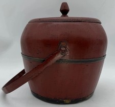 Antique Chinese Wedding Basket Red Lacquer Wood Rice Bucket Tea Caddy