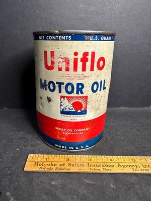 Vintage SKELLY UNIFLO MOTOR OIL CAN, Quart, FULL, Dents