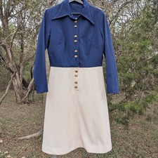 Vintage 60s 70s Mod Shirt Dress Medium Dagger Collar Twiggy Blue Cream Go-Go