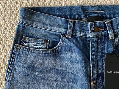 NWT Saint Laurent Men's Mid Blue Denim Knee Rip Distressed