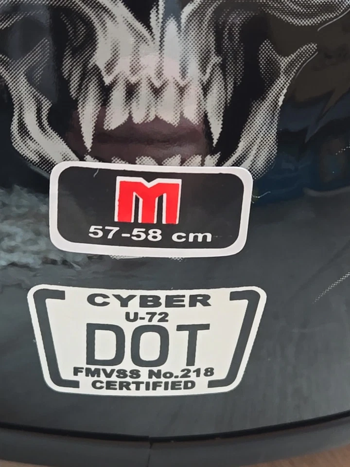 CYBER U-72 HALF HELMET  SMOKING SKULLS -MEDIUM- FMVss No. 218 Certified, DOT, A2 - Image 3 of 4