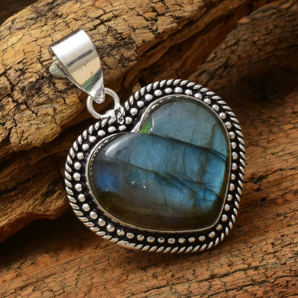 Collana In Argento 925 Con Ciondolo A Doppia Punta E Labradorite Naturale Iridescente – Lunghezza Catena 55 Cm – Pietra Unica Blu-verde
