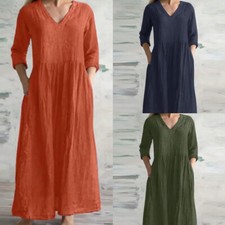 Womens V-Neck Cotton Linen Maxi Dress Summer Casual Baggy Long Dress Plus Siz