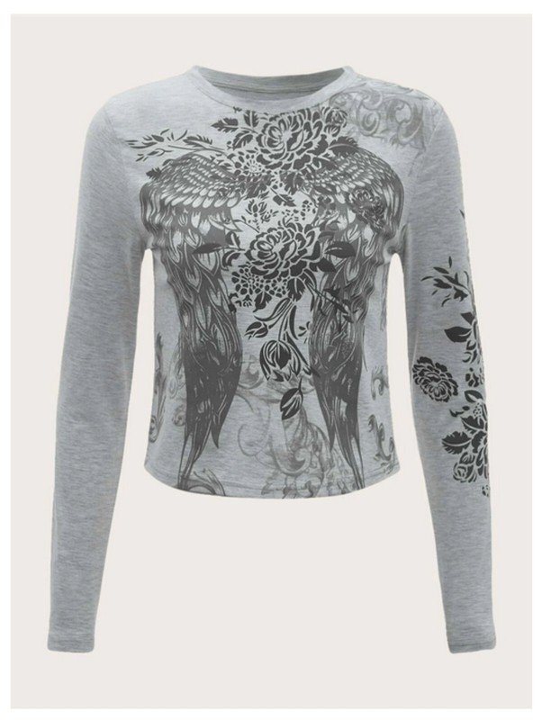 ROMWE Graphic Long Sleeve Crop Tee | Women | Wings & Floral | Lt. Grey | Size L