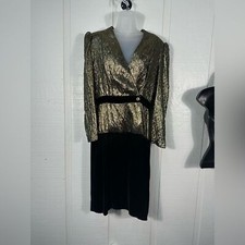 Halston 1908s Gold Metallic and Velvet Evening Dress Size 12 EUC