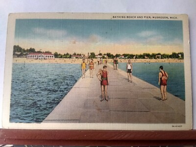#ad Vintage linen Postcard bathing Beach and Pier Muskegon Michigan. $14.97