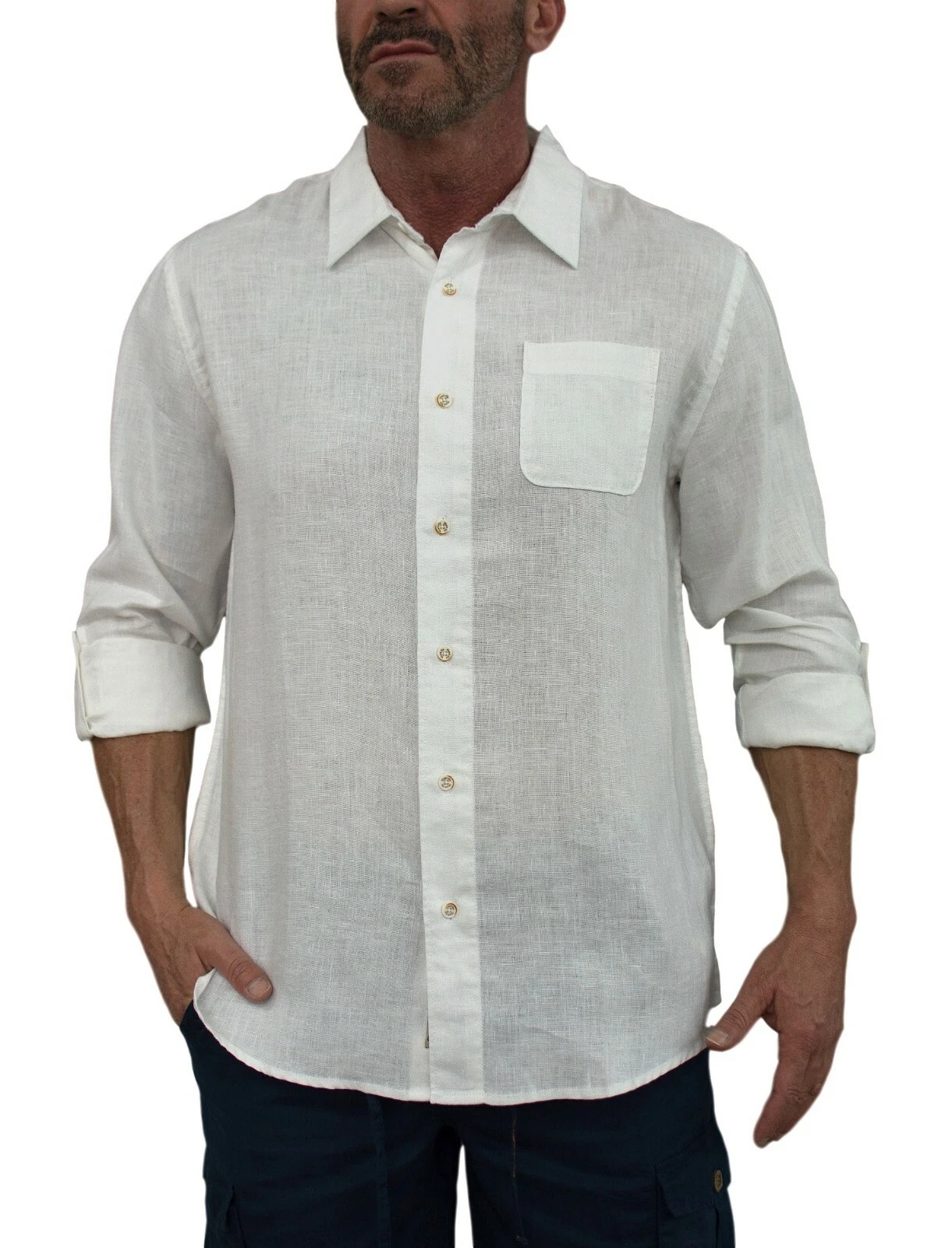 Short Fin mens 100% Linen Long sleeve button down Shirt with roll up sleeves