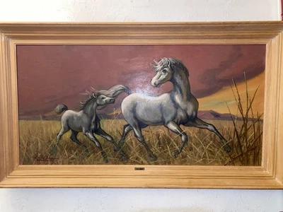 Tableau Ancien Louis Adami 1937 100x50 Chevaux Symbolisme - Photo 1/4