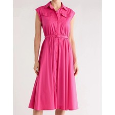 T Tahari Cap Sleeve Fit & Flare Button Collared Tulip Pink Short Sleeve Dress 6