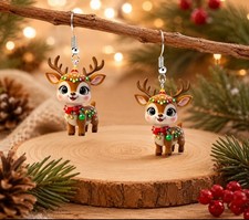 Adorable Reindeer Earrings Silver Tone Christmas Holiday