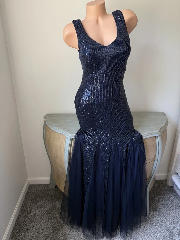 Maxi Vestido Sin Mangas Lentejuelas Medianoche Azul Marino Sirena Formal Para Mujer Talla S” Foto 2 de 4