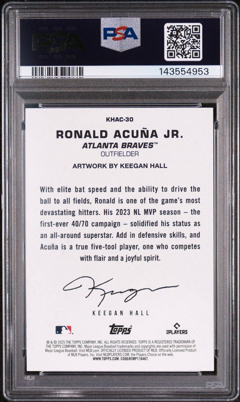 2025 Topps Update Ronald Acuna Jr. Keegan Hall Art Card #KHAC-30 PSA 10 view 2