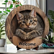 Rustic Cat Welcome Sign Wooden Wall Plaque Hanging Decor for Home Garden UK