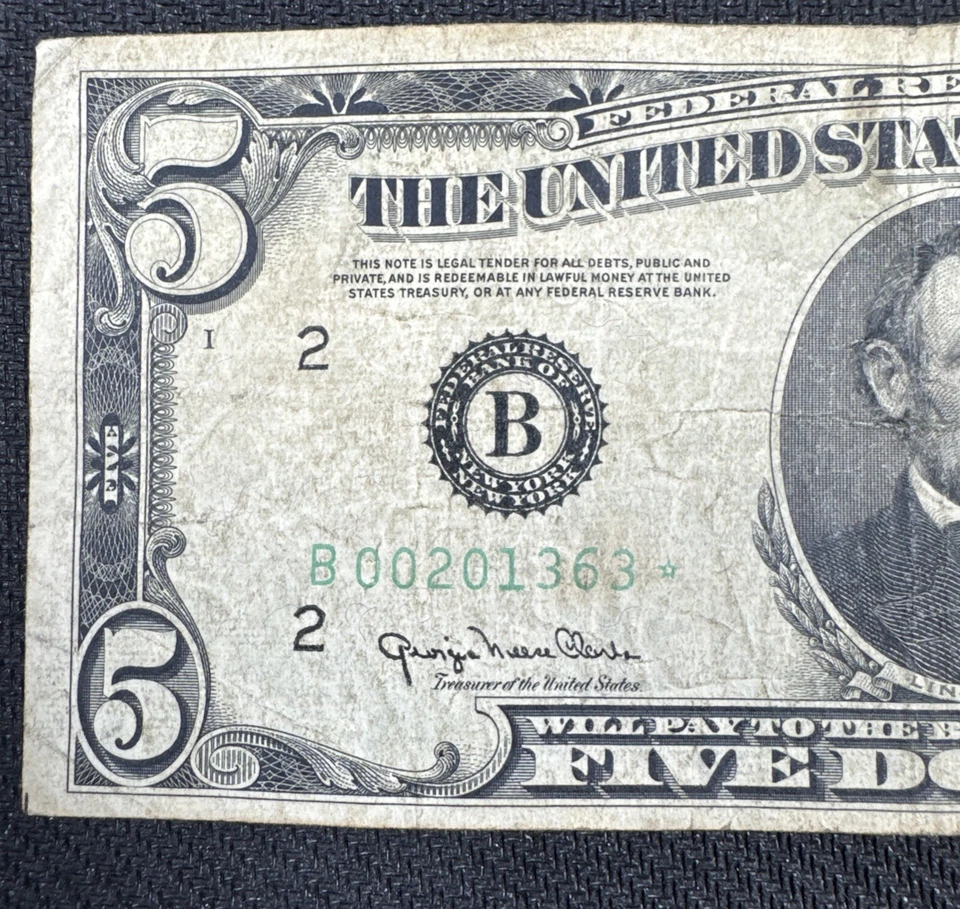 ✰ 1950 Star Note * $5 STAR BILL FEDERAL RESERVE NOTE BANK OF NEW YORK Fr. 1961B* - Image 3 of 4