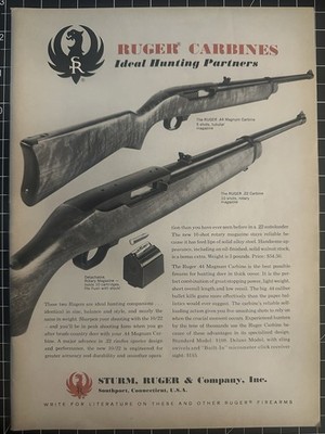 1960s Vintage Ruger Carbines Print Ad - .44 Magnum .22 Guns Advertisement