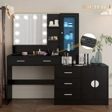 59" Large Vanity Desk with Mirror and Lights Makeup Vanity 10 LED Light Bulbs