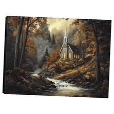 Fall Canvas Wall Art, Autumn Church 16L" x 12W" Forest Church Wrapped Canvas