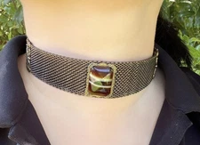 Vintage Wide Mesh Choker Necklace Victorian Revival Brown Glass Cab Statement