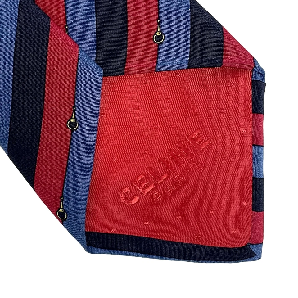 Celine Paris Luxury Designer Necktie Gold Red Blue Striped Logo Repp - Image 4 of 4