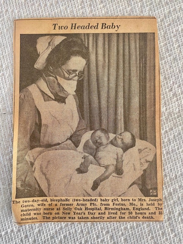 Vintage Newspaper clipping January 1946, 2 headed baby article