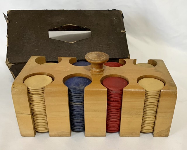 Vintage Wooden Poker Chip Rack Holder & Chips with Cover eBay