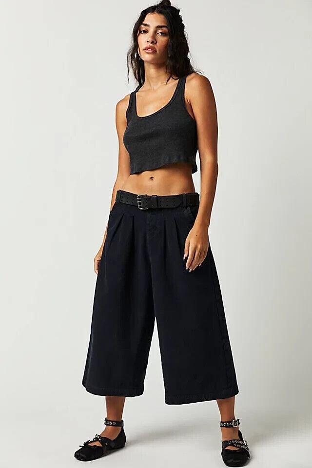 ALTRA Free People Pantalone Gaucho Duro Pioggia Vita Alta Gamba Larga Cotone Nero XS2 262186