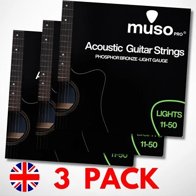 MUSO PRO 3 Packs Acoustic Guitar Strings Phosphor Bronze 11-50 Gauge Free post UK Brand