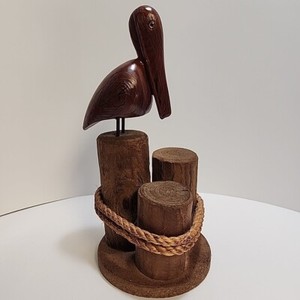 VTG Hand Carved 10” Pelican On Dock Posts Wharf Pilings Nautical Ocean Coastal