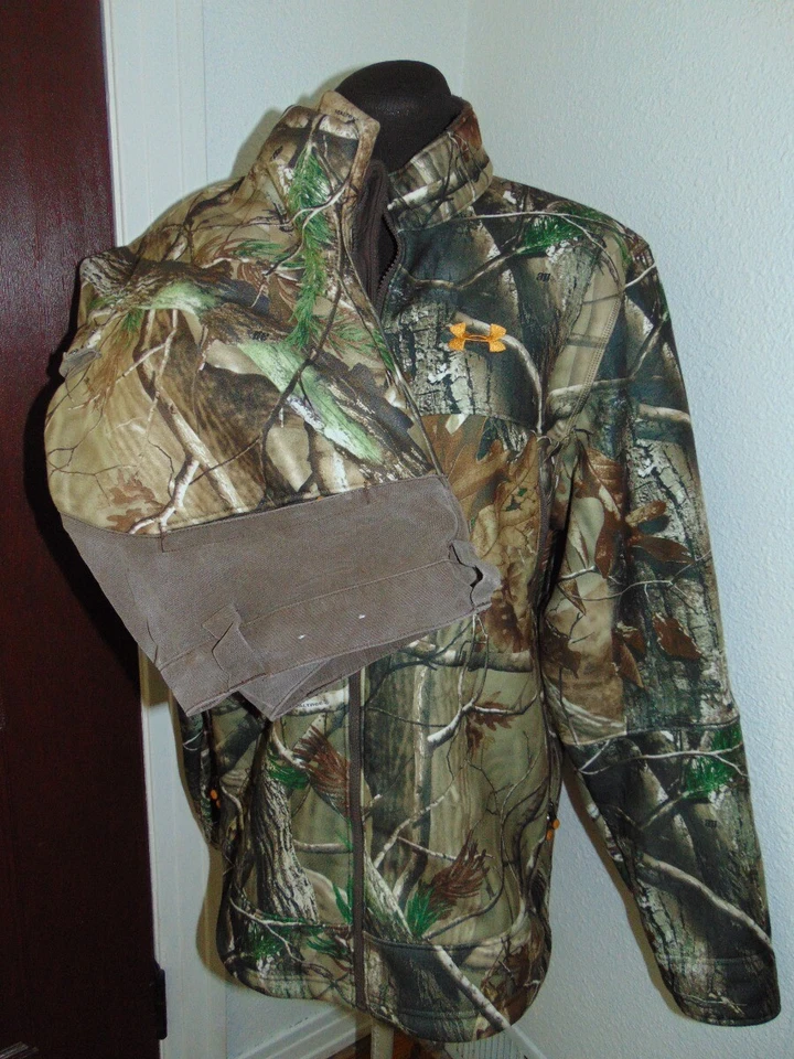 Under Armour Camo Hunting Jacket & Pants Set Size L/M32 Fleece Lined Zippers - Image 2 of 4