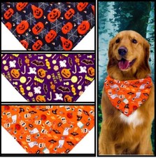3 Pc Halloween Dog Cat Pet Bandanas Pumpkin Skulls Ghost Costume