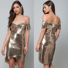 BEBE DREW GOLD SEQUIN OFF SHOULDER DRESS NWT NEW 129 MEDIUM M