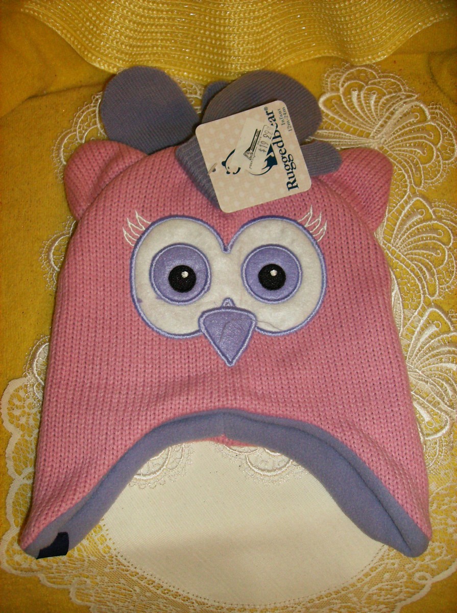 3 Rugged Bear Infant BABY 12-24 Month Cap & Mittens Owl Pink