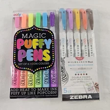 Magic Puffy 3D Art Pens Puffs Like Popcorn W/ Hairdryer + Zebra Brush Pens 5pc