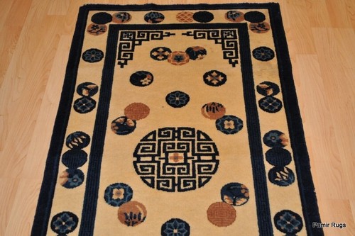 ANTICO TAPPETO CINESE 2' 7" X 4'3" tappeto orientale cinese, fatto a mano, blu e beige - Foto 5 di 12