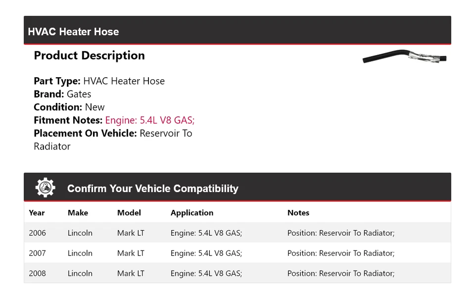 Depósito de manguera de calefacción de climatización para puertas de radiador Lincoln Mark LT 2006-2008 2007 Foto 2 de 4
