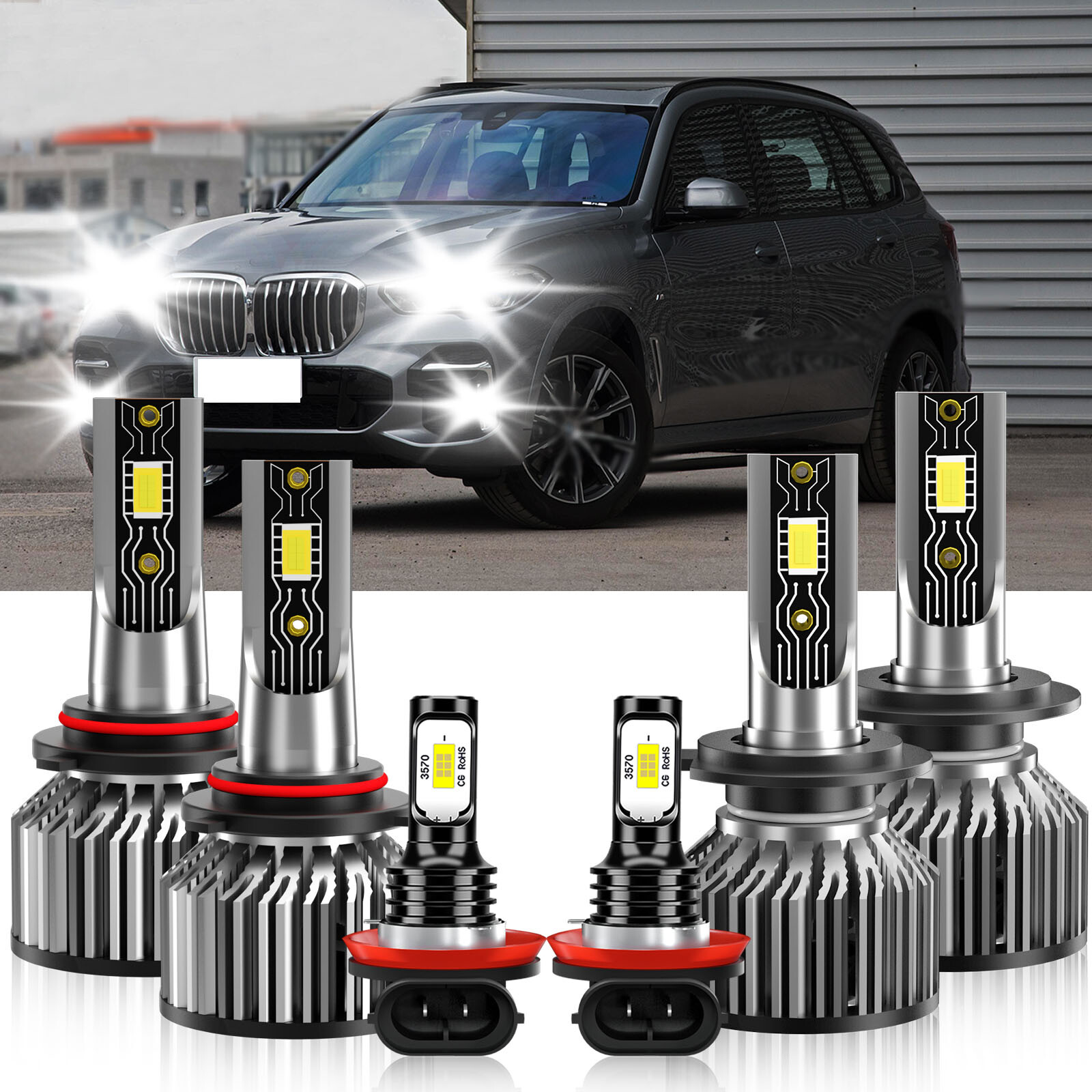 For BMW X5 2002-2004 6x LED Headlight High Low Beam+Fog Light Bulb Kit white